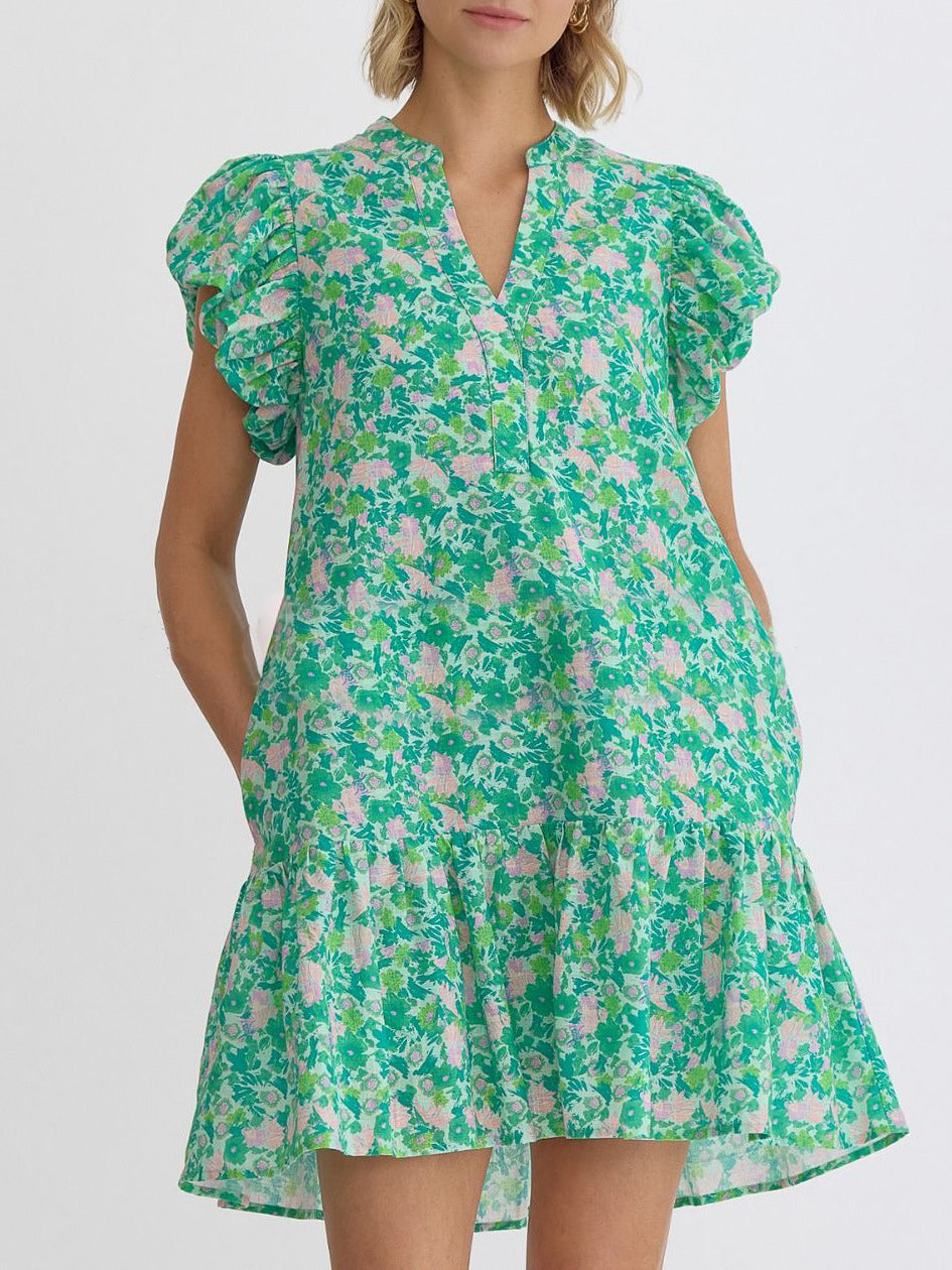 Ditsy Floral V Neck Tiered Mini Dress - Green