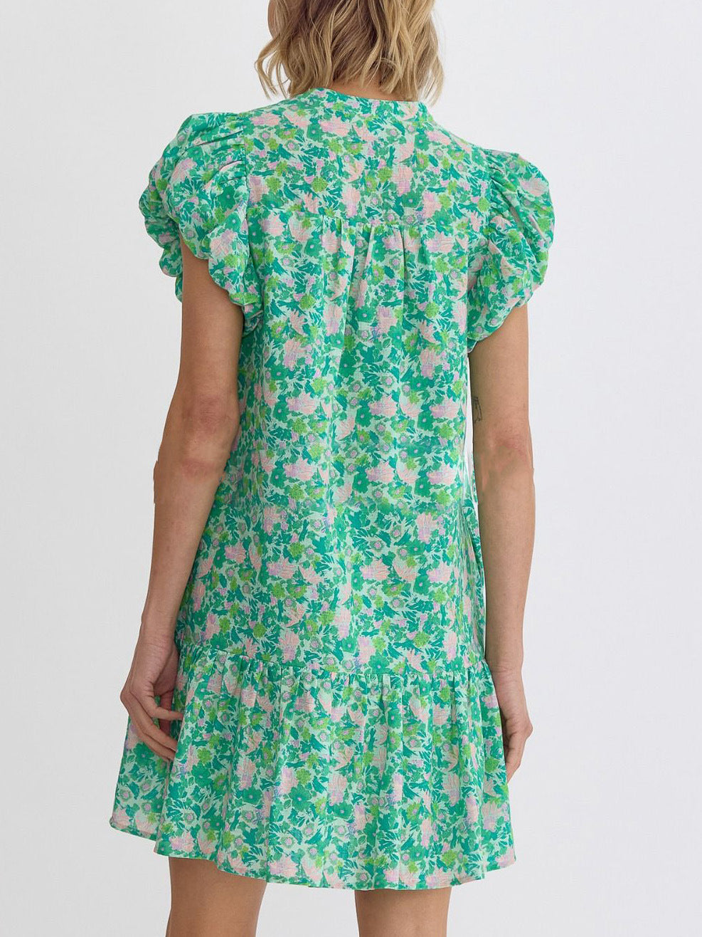 Ditsy Floral V Neck Tiered Mini Dress - Green - 1