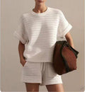 Textured Knit Tee and Shorts Lounge Set - White