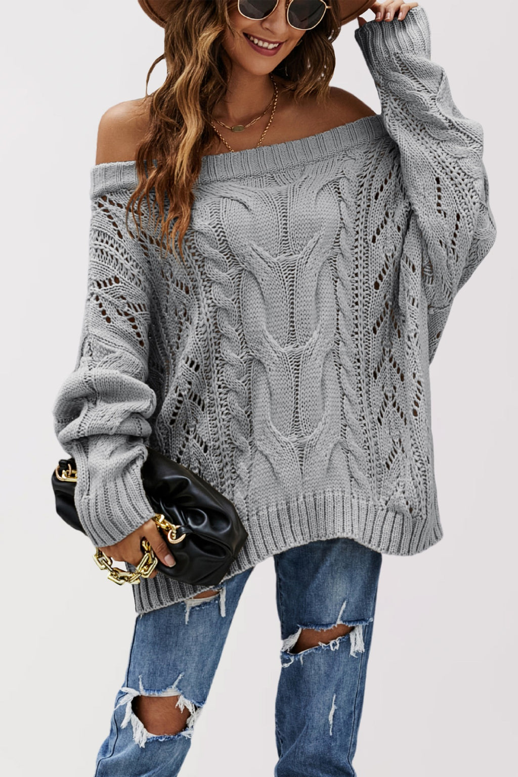 Off Shoulder Cable Knit Tunic Sweater - Grey