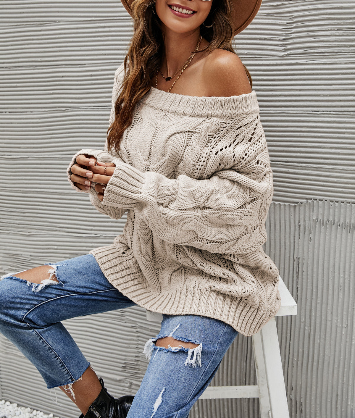 Off Shoulder Cable Knit Tunic Sweater