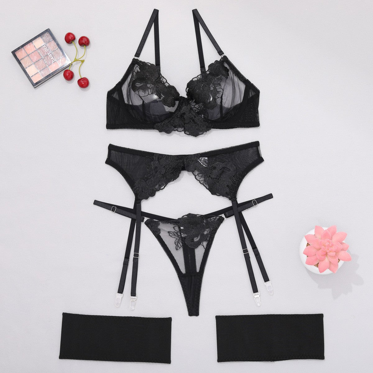 Raised Floral Embroidered Mesh Garter Set With Thong - Black