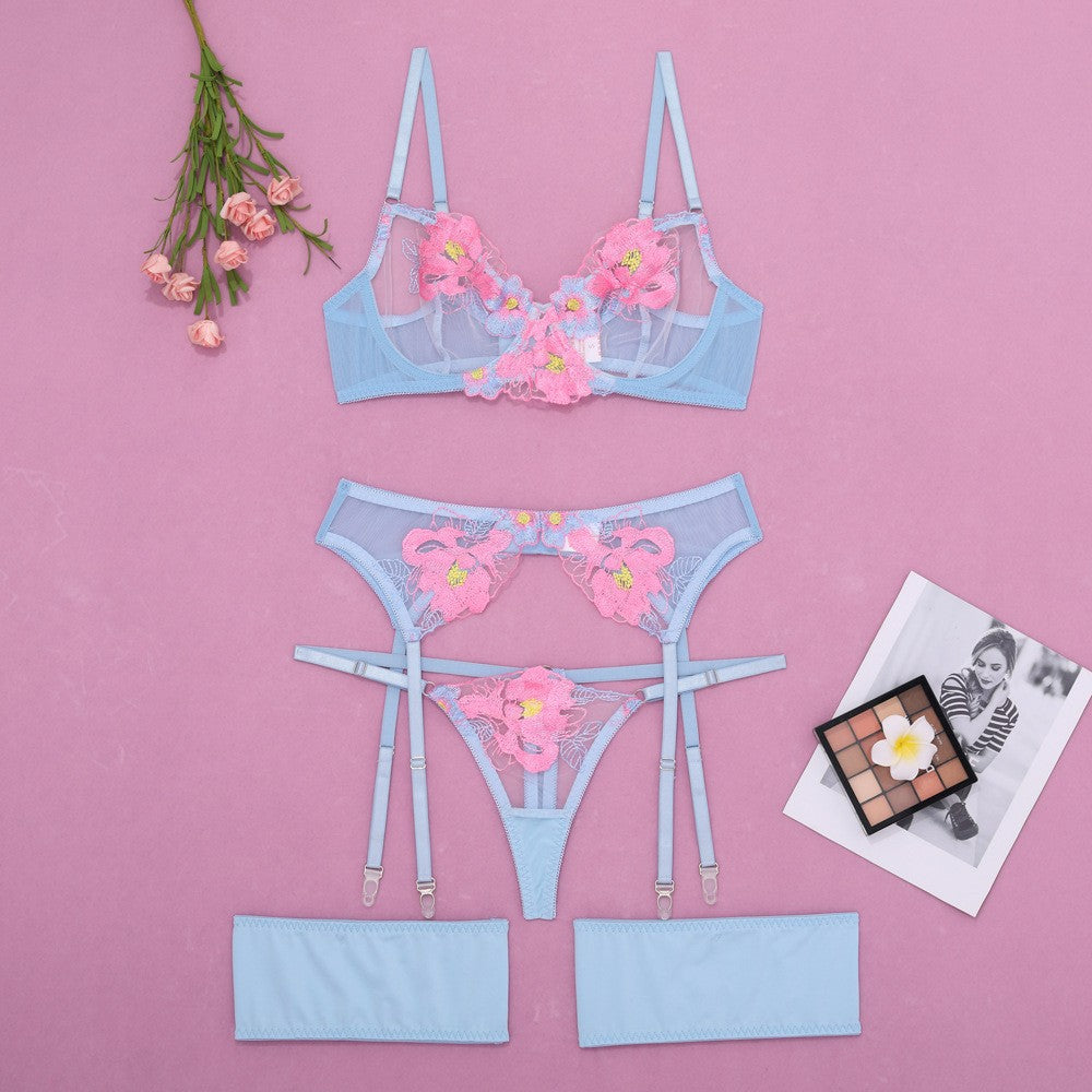 Raised Floral Embroidered Mesh Garter Set With Thong - Blue Pink