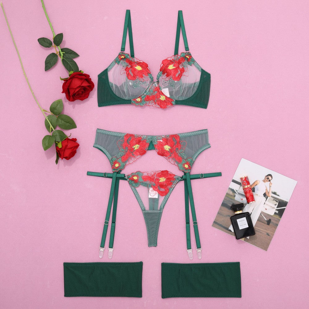 Raised Floral Embroidered Mesh Garter Set With Thong - Dark Green
