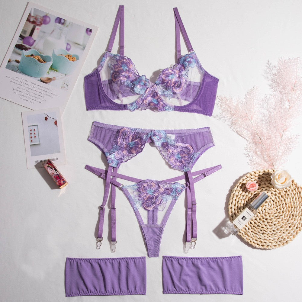 Raised Floral Embroidered Mesh Garter Set With Thong - Purple