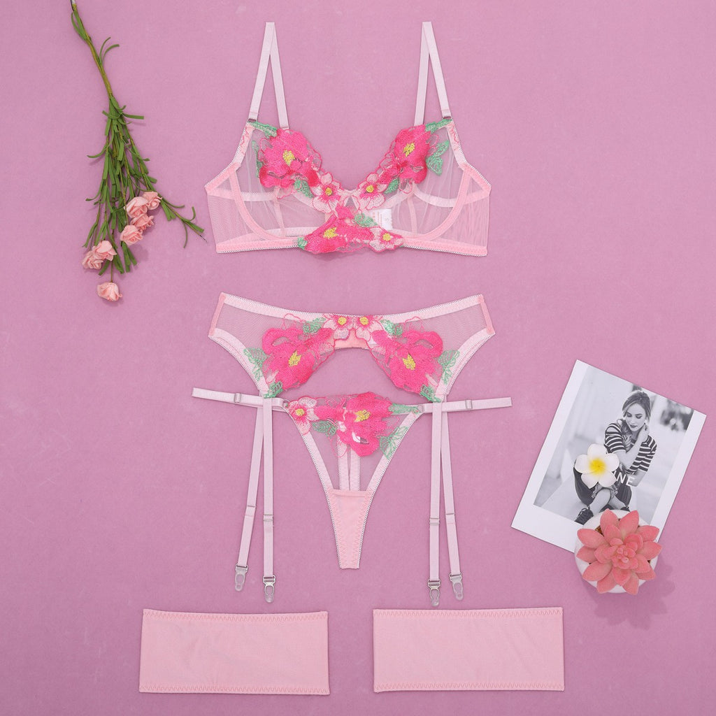Raised Floral Embroidered Mesh Garter Set With Thong - Rose Pink