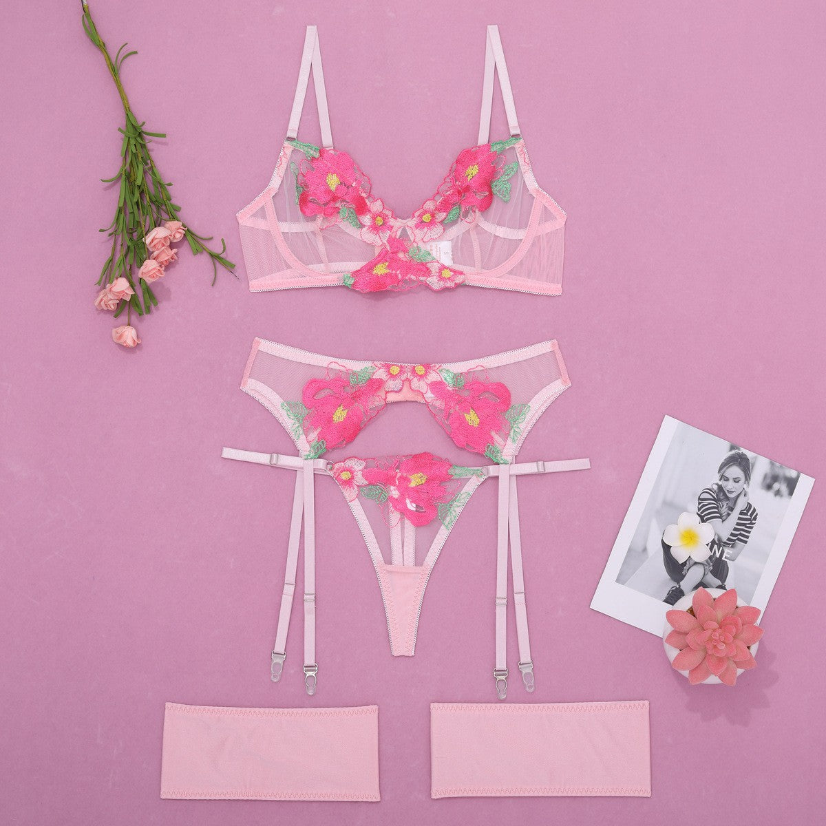 Raised Floral Embroidered Mesh Garter Set With Thong - Rose Pink