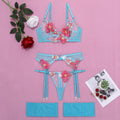 Raised Floral Embroidered Mesh Garter Set With Thong - Sky Blue