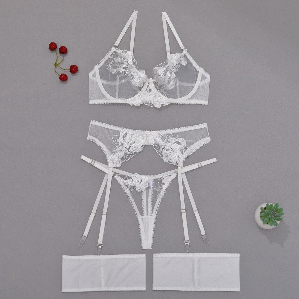 Raised Floral Embroidered Mesh Garter Set With Thong - White