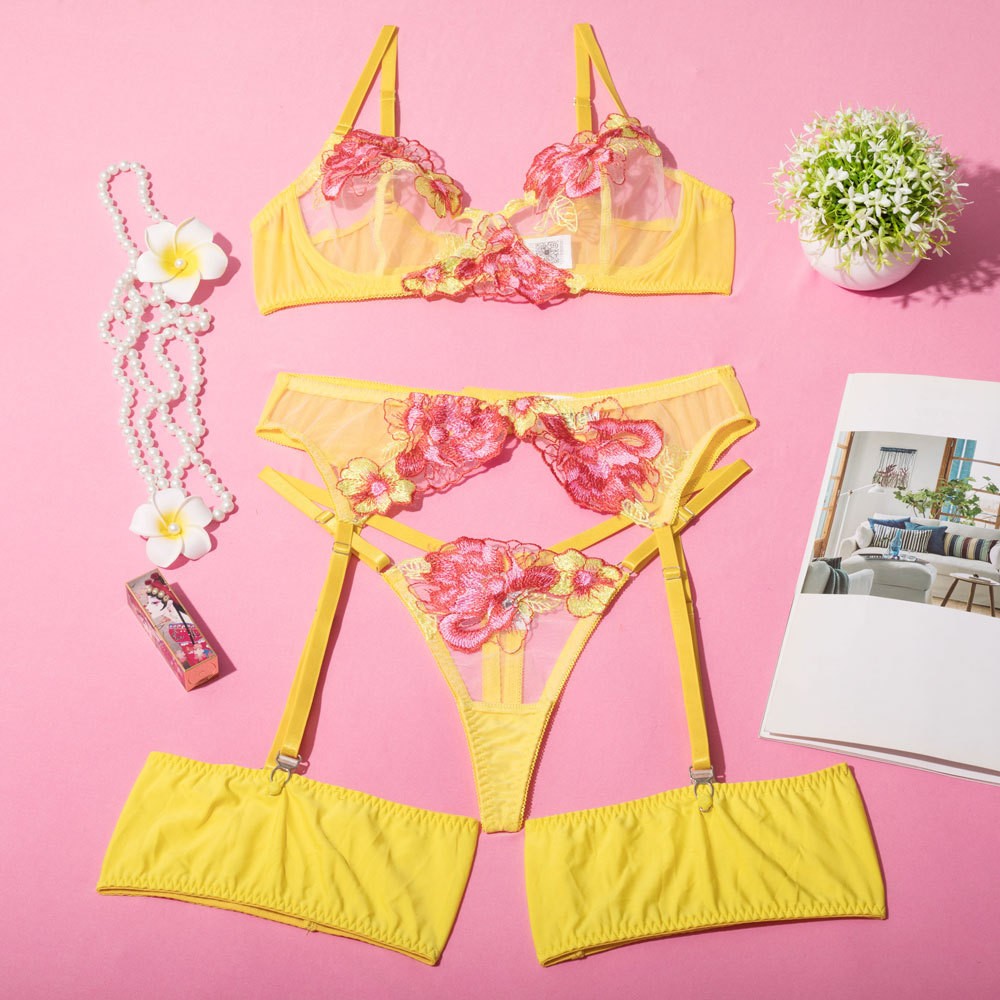 Raised Floral Embroidered Mesh Garter Set With Thong - Yellow