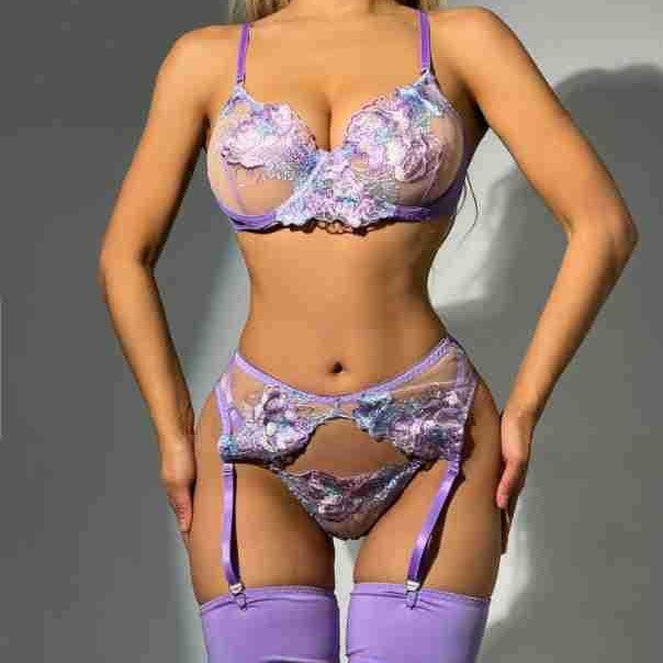 Raised Floral Embroidered Mesh Garter Set With Thong