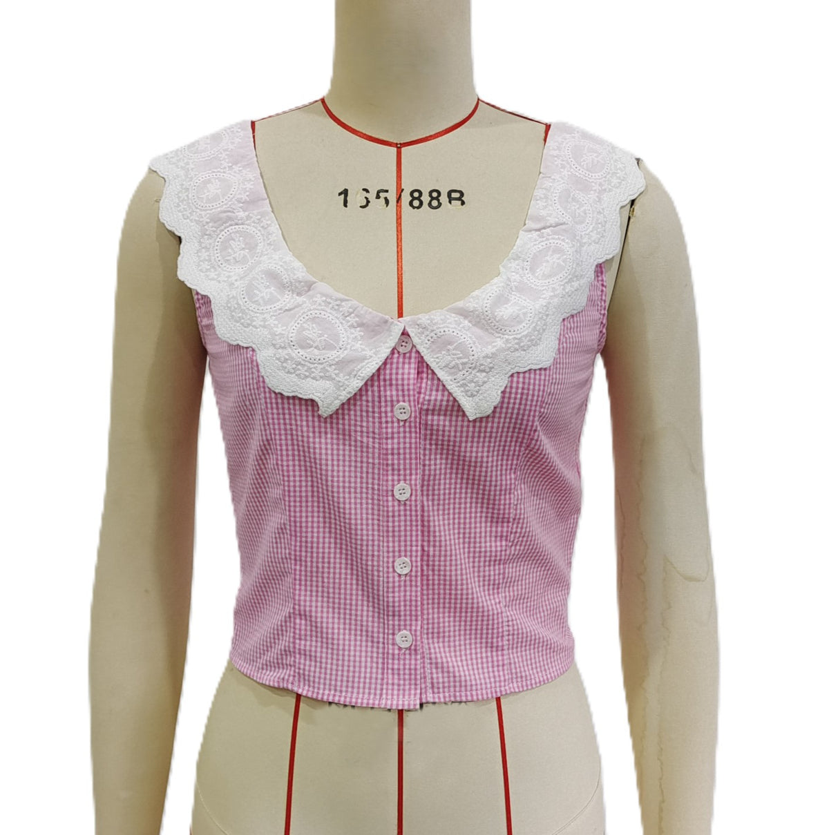 Lace Trim Gingham Cropped Tank Top - Pink