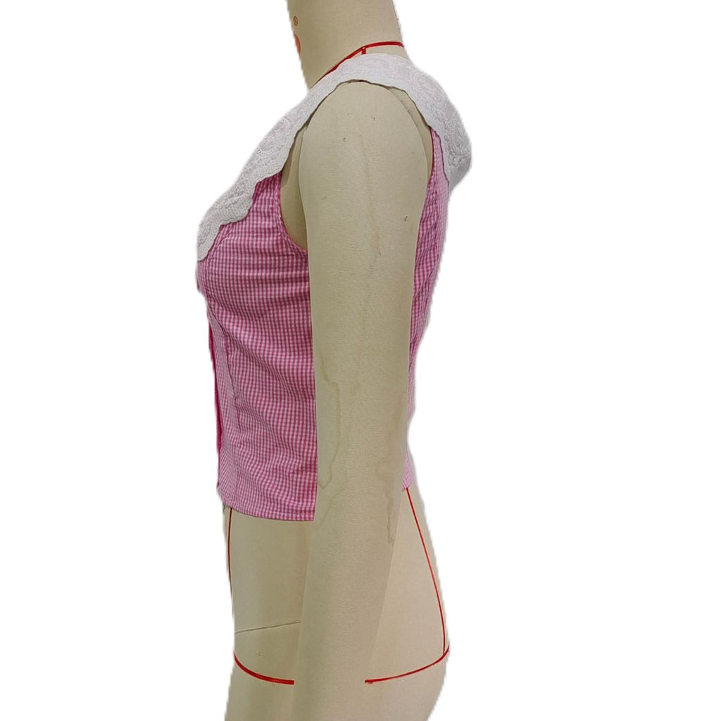Lace Trim Gingham Cropped Tank Top - Pink - 1