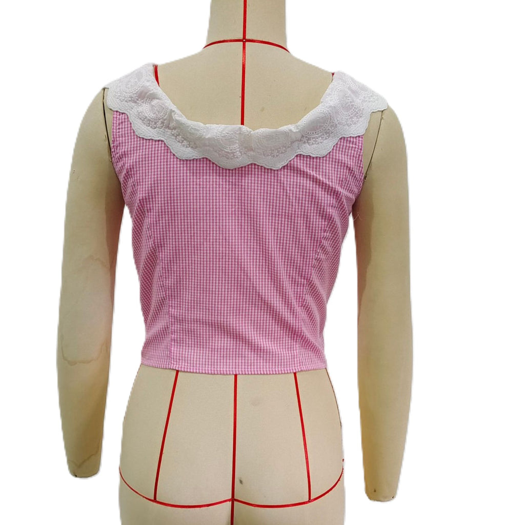 Lace Trim Gingham Cropped Tank Top - Pink - 2