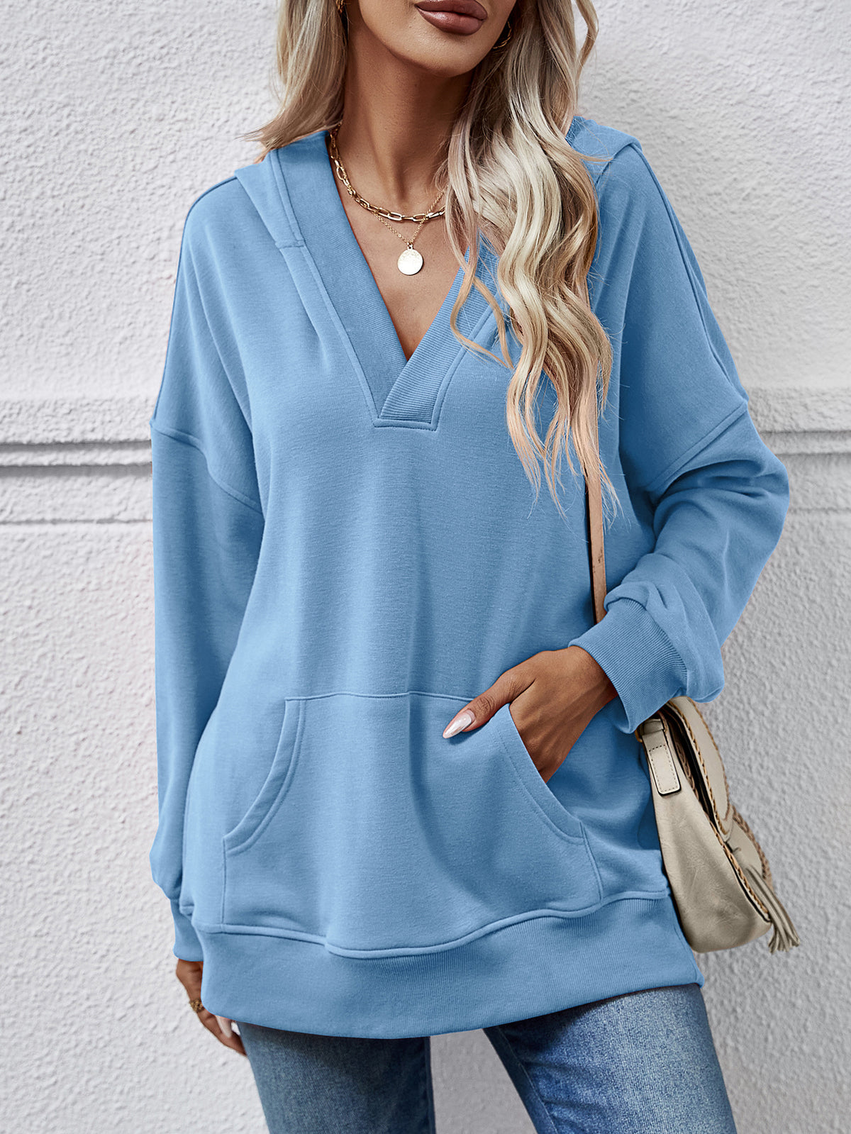 Deep V Neck Hoodie With Kangaroo Pocket - Blue