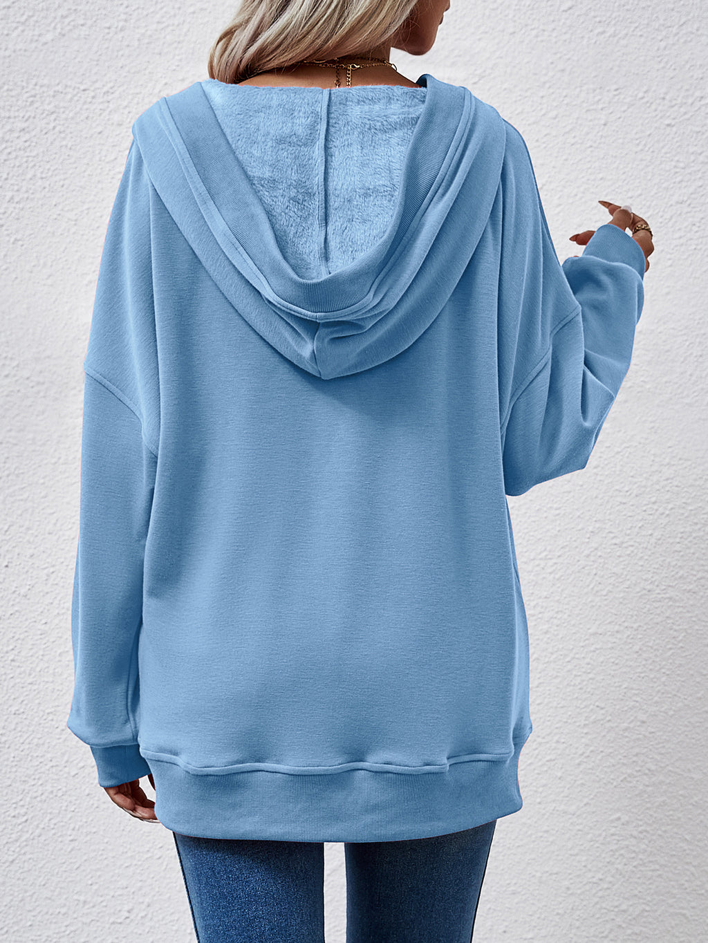 Deep V Neck Hoodie With Kangaroo Pocket - Blue - 1