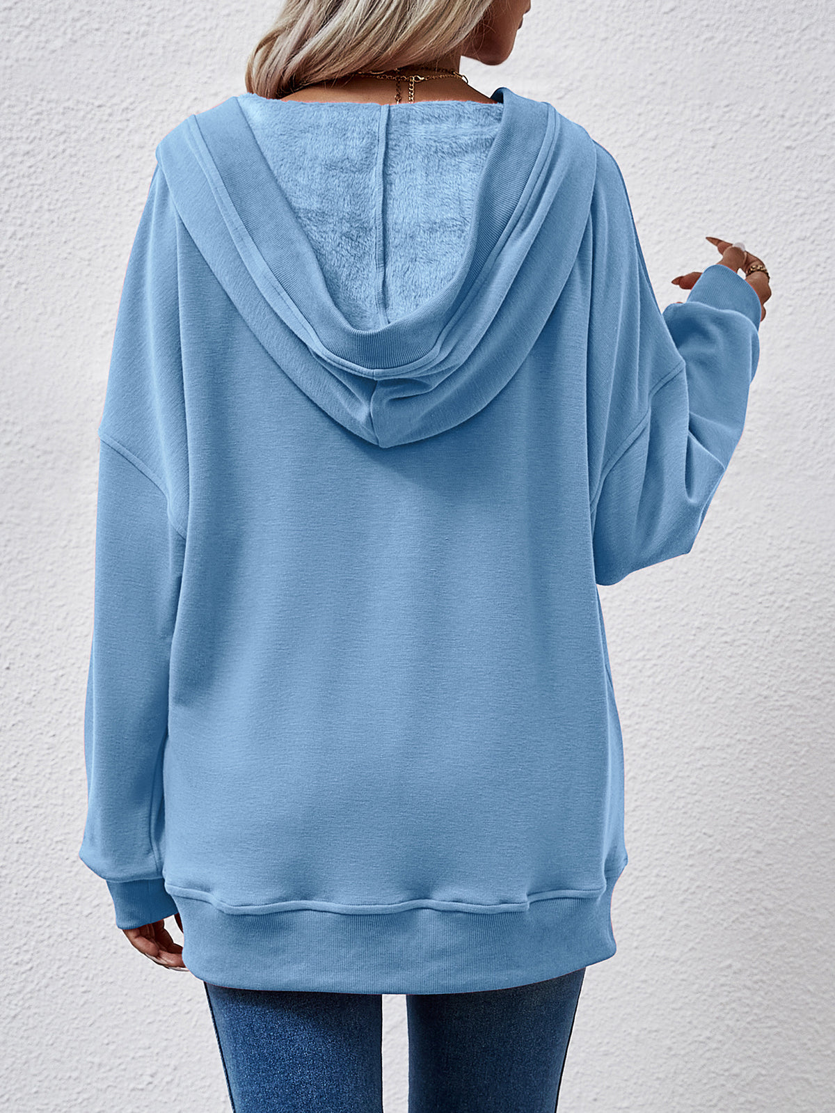 Deep V Neck Hoodie With Kangaroo Pocket - Blue - 1