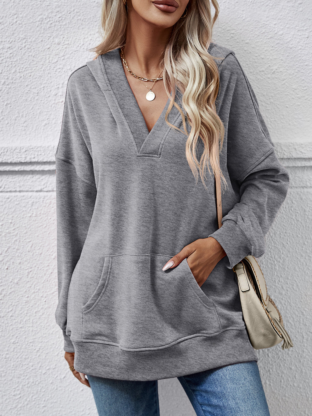 Deep V Neck Hoodie With Kangaroo Pocket - Grey
