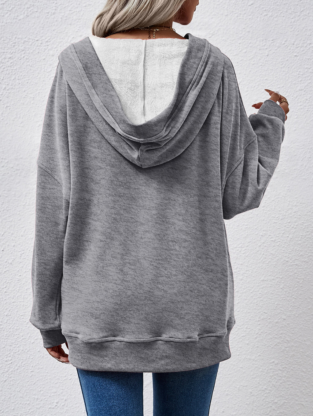 Deep V Neck Hoodie With Kangaroo Pocket - Grey - 1