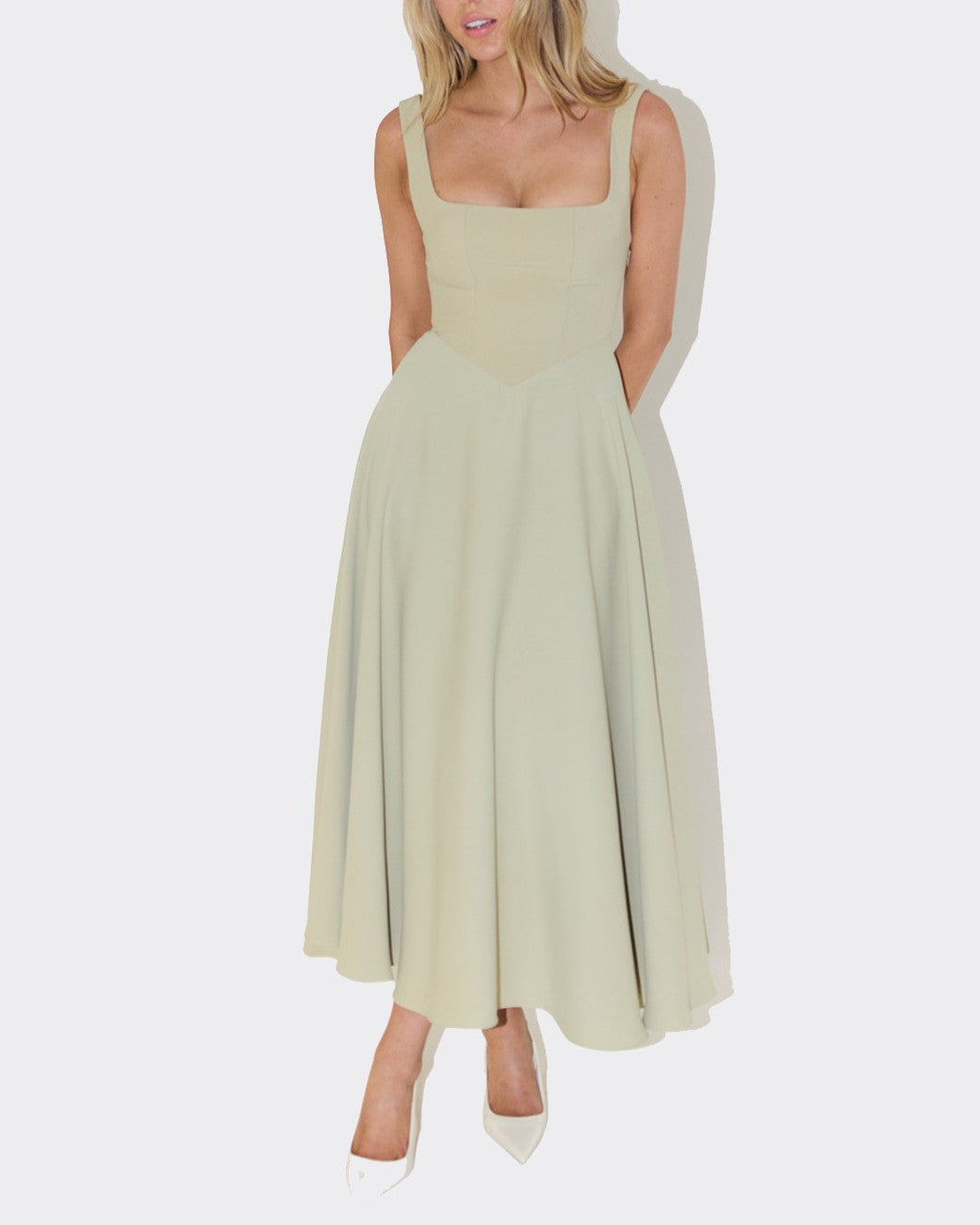 Square Neck Sleeveless Midi Swing Dress - Green