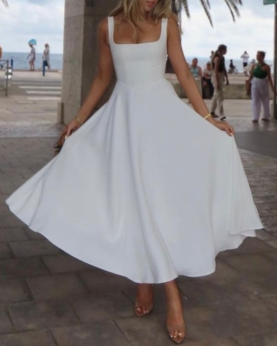 Square Neck Sleeveless Midi Swing Dress - White