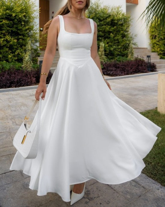 Square Neck Sleeveless Midi Swing Dress - White - 1