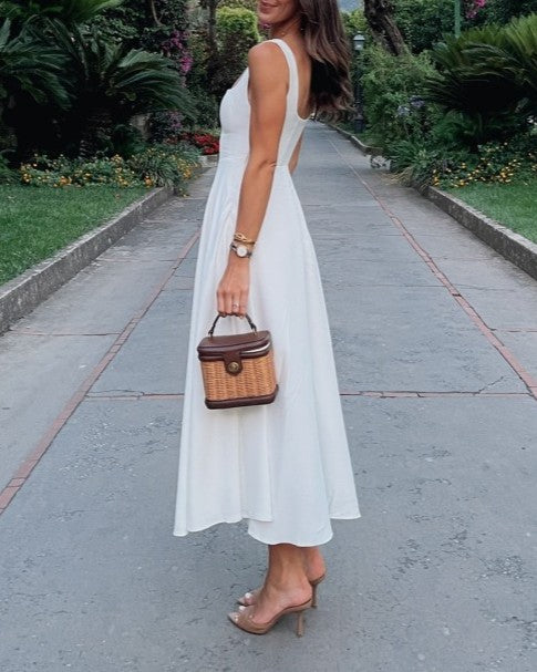 Square Neck Sleeveless Midi Swing Dress - White - 2