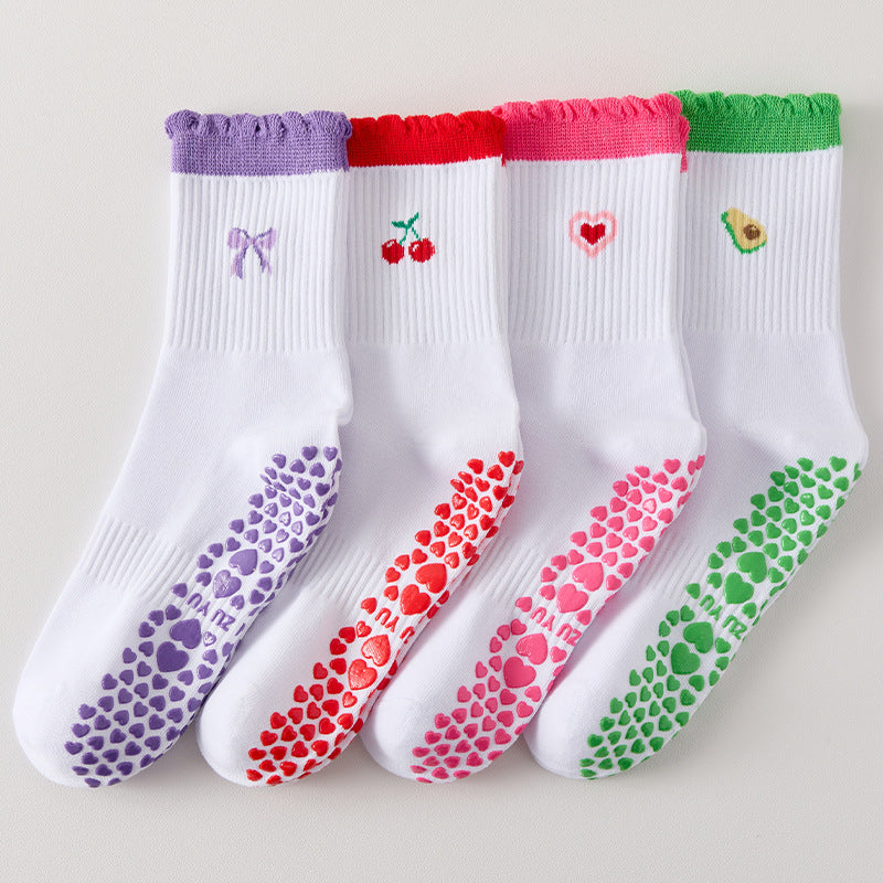 Scalloped Trim Non Slip Grip Crew Socks - Avocado