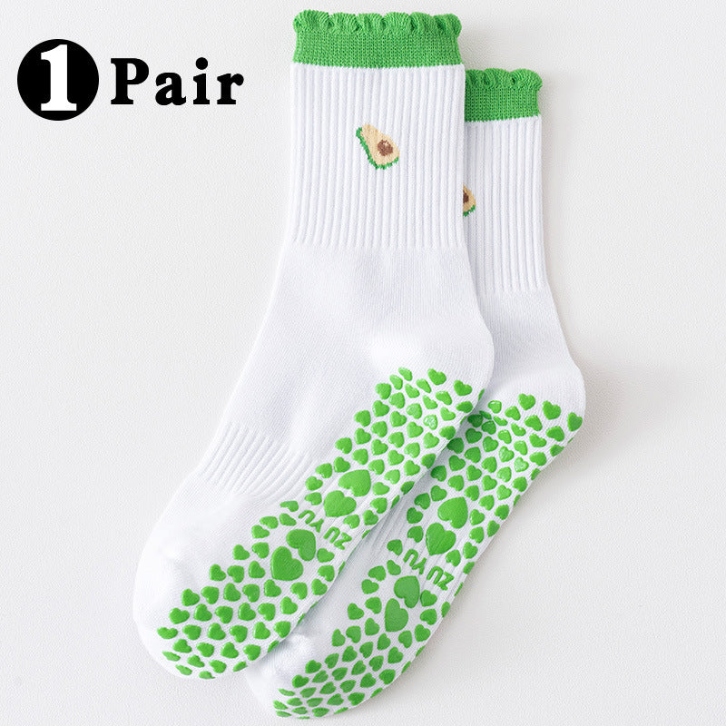 Scalloped Trim Non Slip Grip Crew Socks - Avocado - 1