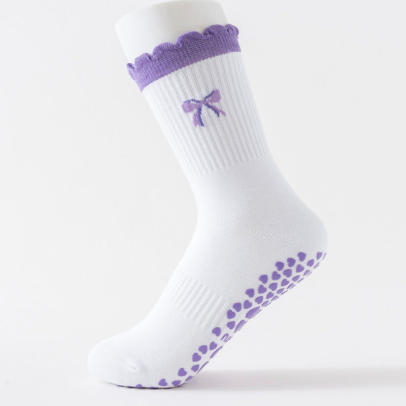 Scalloped Trim Non Slip Grip Crew Socks - Bow