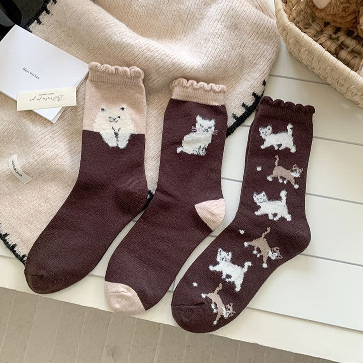 Vintage Cat Print Ruffle Cuff Socks - Colorblock