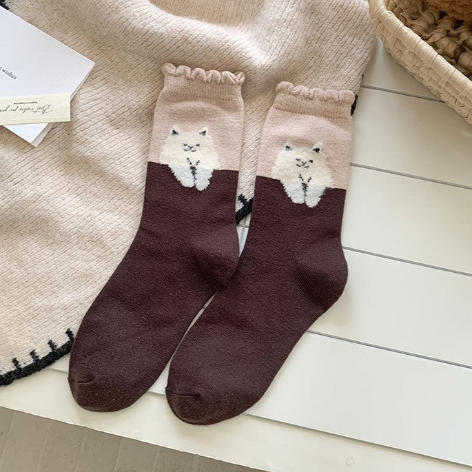 Vintage Cat Print Ruffle Cuff Socks - Colorblock - 1