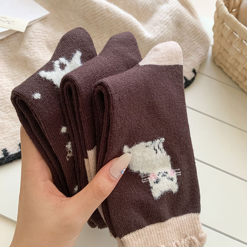Vintage Cat Print Ruffle Cuff Socks - Colorblock - 2