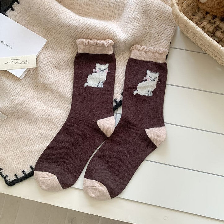 Vintage Cat Print Ruffle Cuff Socks - Kitten