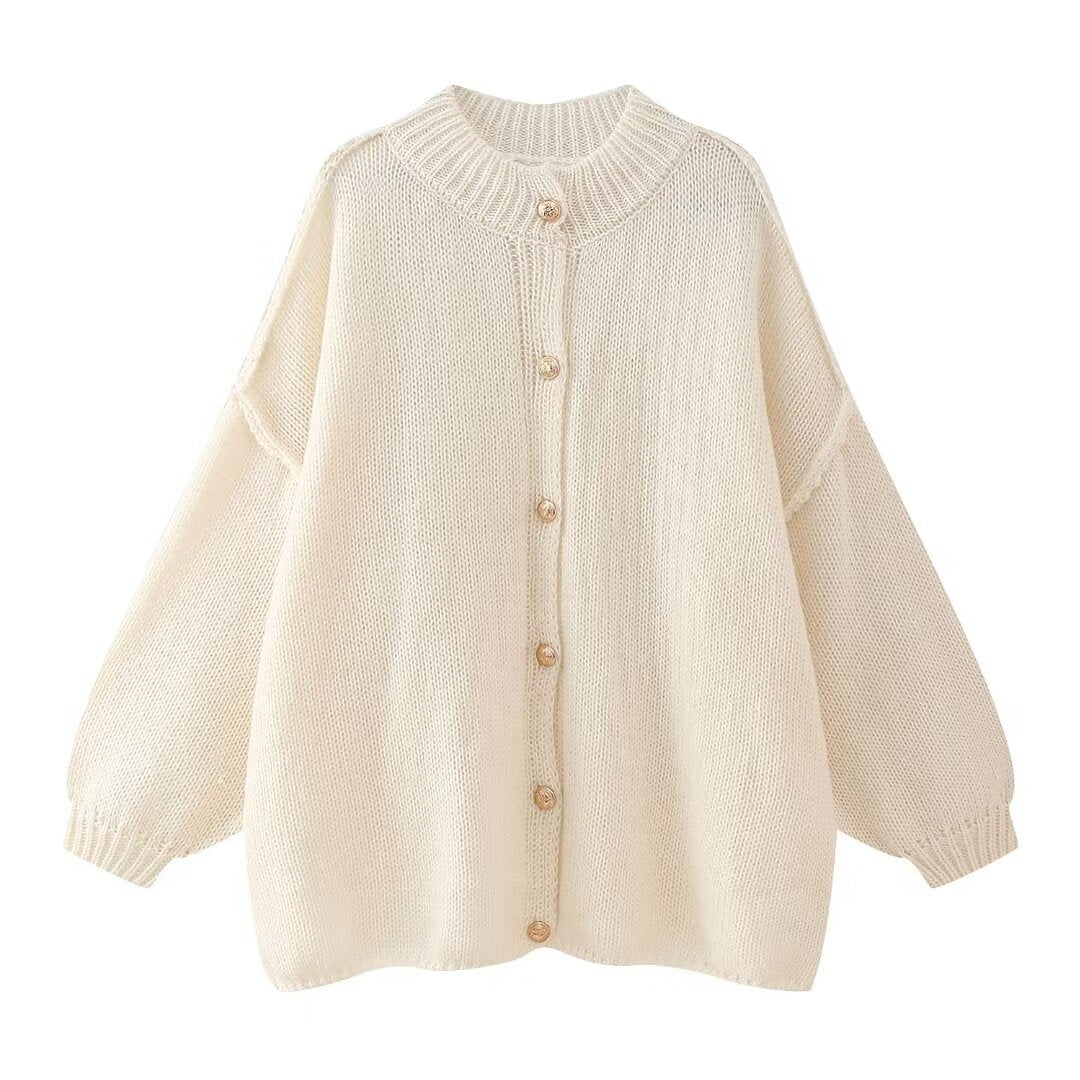 Oversized Chunky Knit Balloon Sleeve Cardigan - Beige