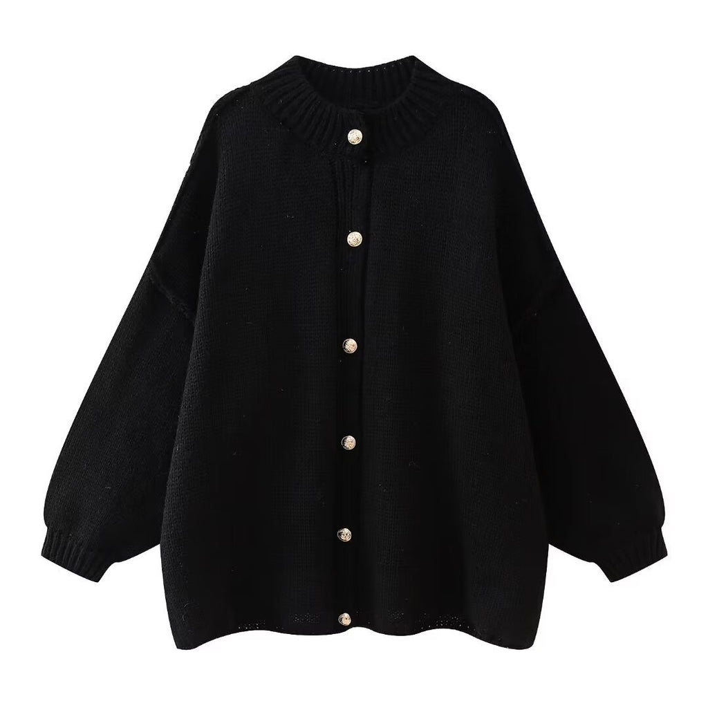 Oversized Chunky Knit Balloon Sleeve Cardigan - Black