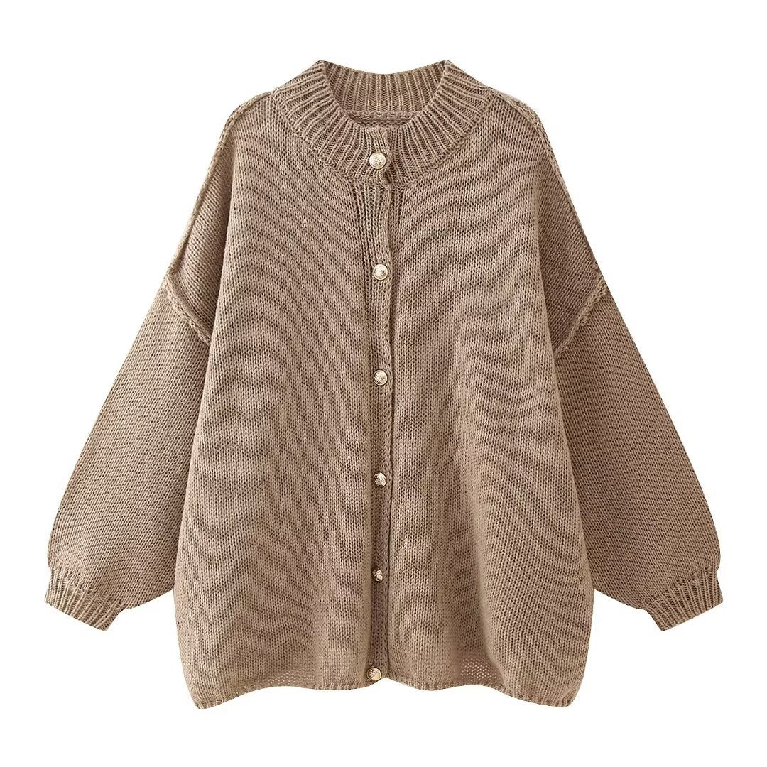 Oversized Chunky Knit Balloon Sleeve Cardigan - Coffee