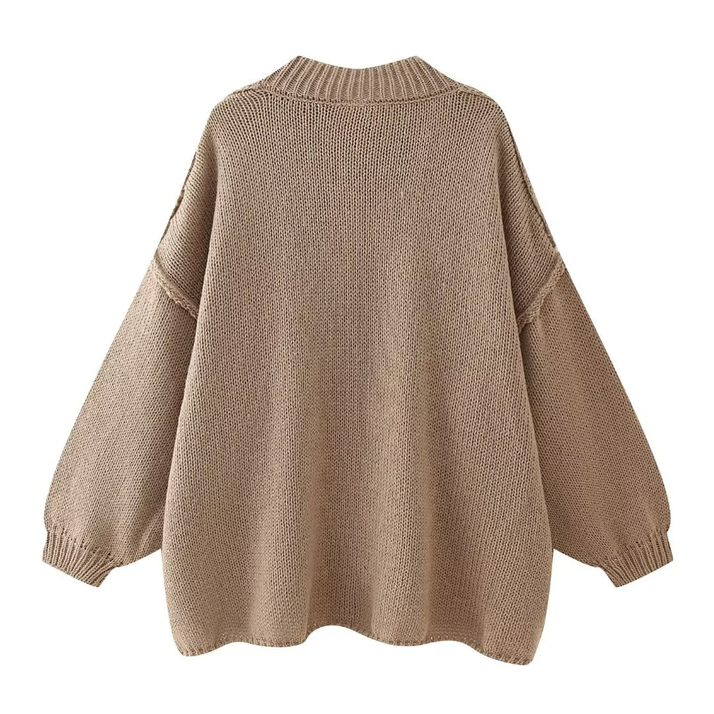 Oversized Chunky Knit Balloon Sleeve Cardigan - Coffee - 1