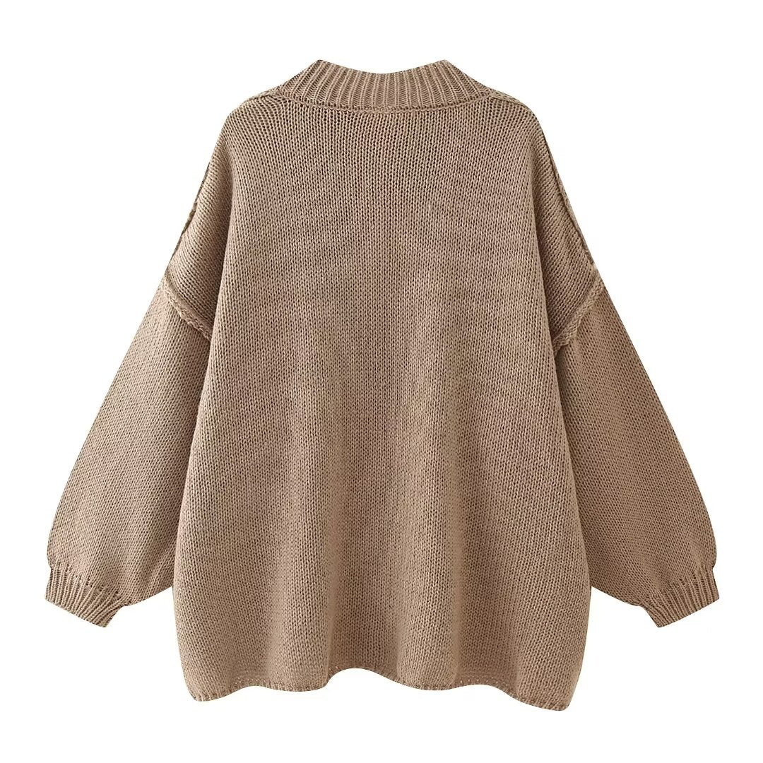Oversized Chunky Knit Balloon Sleeve Cardigan - Coffee - 1