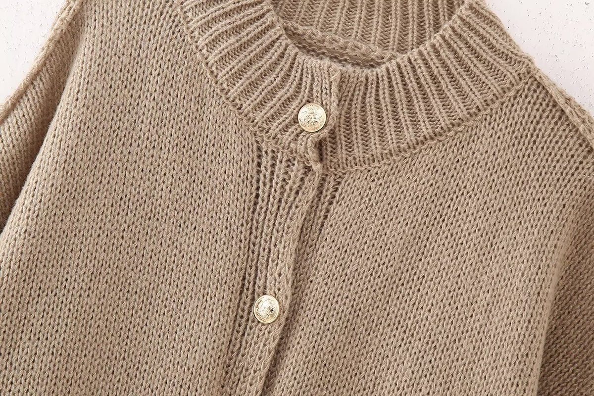 Oversized Chunky Knit Balloon Sleeve Cardigan - Coffee - 2