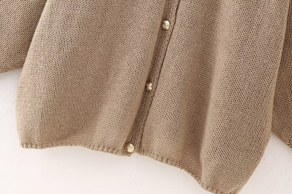 Oversized Chunky Knit Balloon Sleeve Cardigan - Coffee - 3