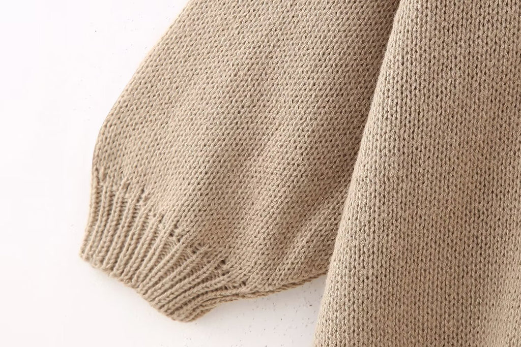 Oversized Chunky Knit Balloon Sleeve Cardigan - Coffee - 4