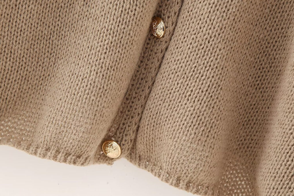 Oversized Chunky Knit Balloon Sleeve Cardigan - Coffee - 5
