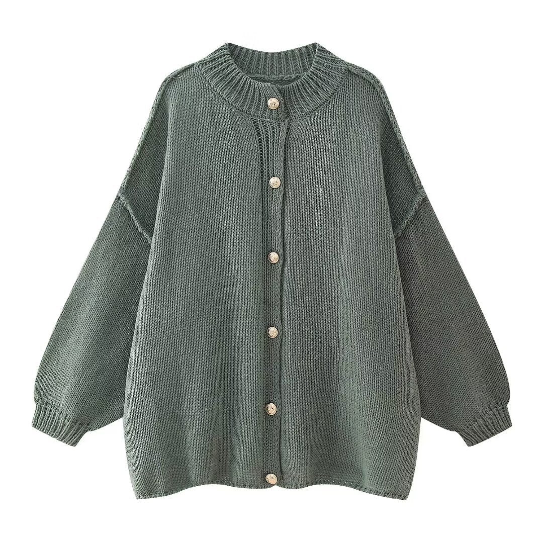 Oversized Chunky Knit Balloon Sleeve Cardigan - Green