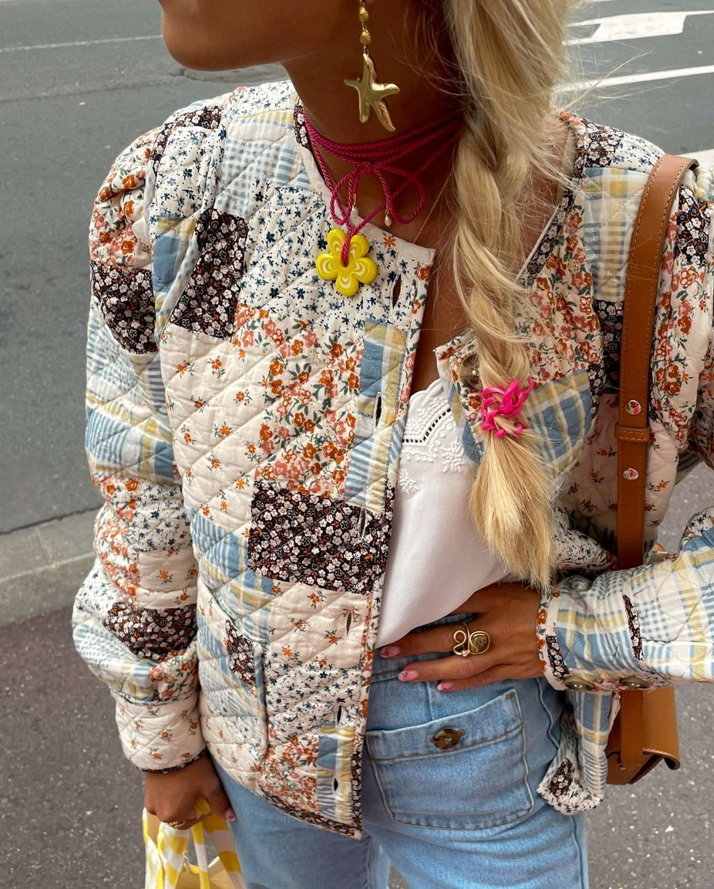 Collarless Quilted Patchwork Jacket for Fall - Apricot