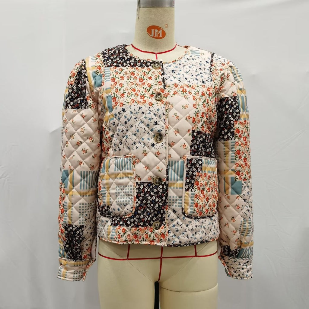 Collarless Quilted Patchwork Jacket for Fall - Apricot - 1
