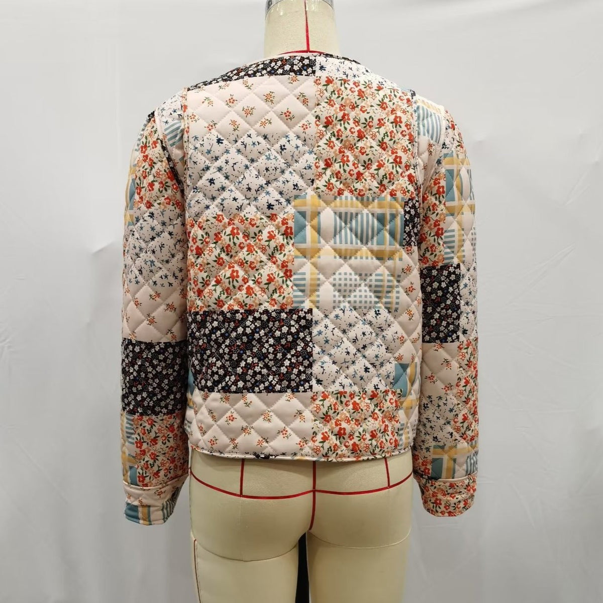 Collarless Quilted Patchwork Jacket for Fall - Apricot - 2