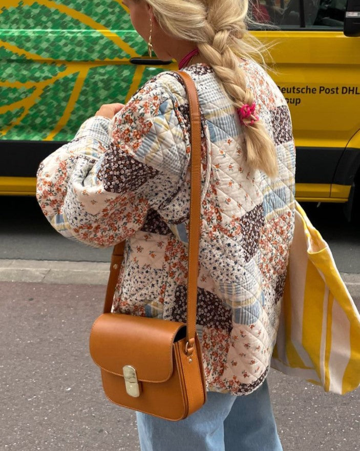 Collarless Quilted Patchwork Jacket for Fall - Apricot - 4