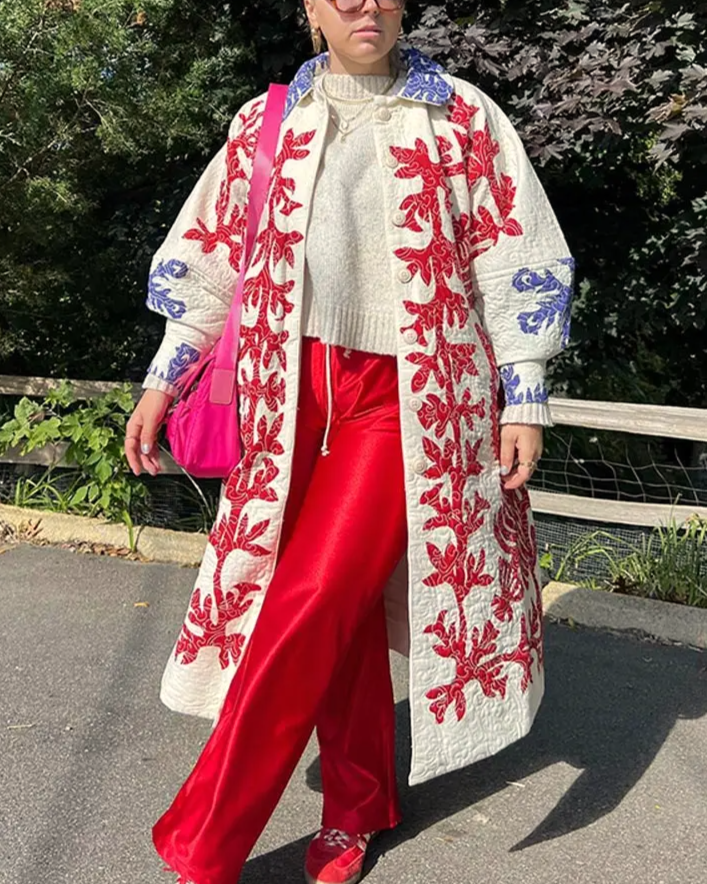 Floral Print Quilted Longline Puffer Jacket - Decor