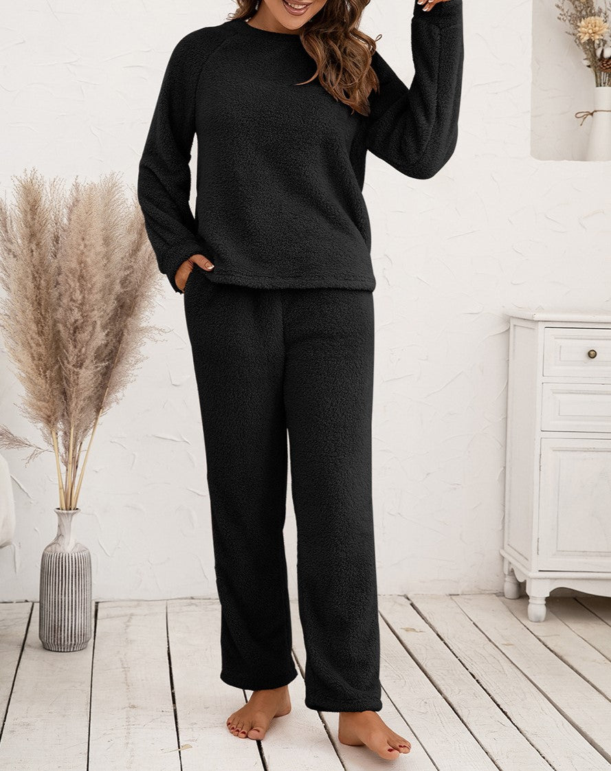 Plush Fleece Lounge Set With Wide Leg Pants - Black - 1